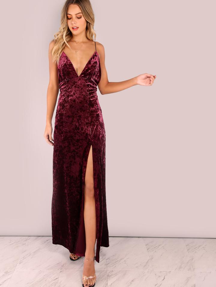 Shein Backless Cross Back Cord Strap Crushed Velvet Split Dress