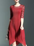 Shein Wine Red Half Sleeve Pleated Contrast Lace Asymmetric Dress