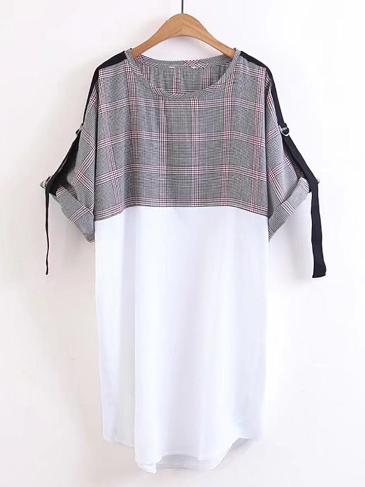 Shein Contrast Plaid Rolled Cuff Tie Detail Dress