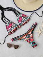 Shein Geo And Flower Print Strappy Bikini Set