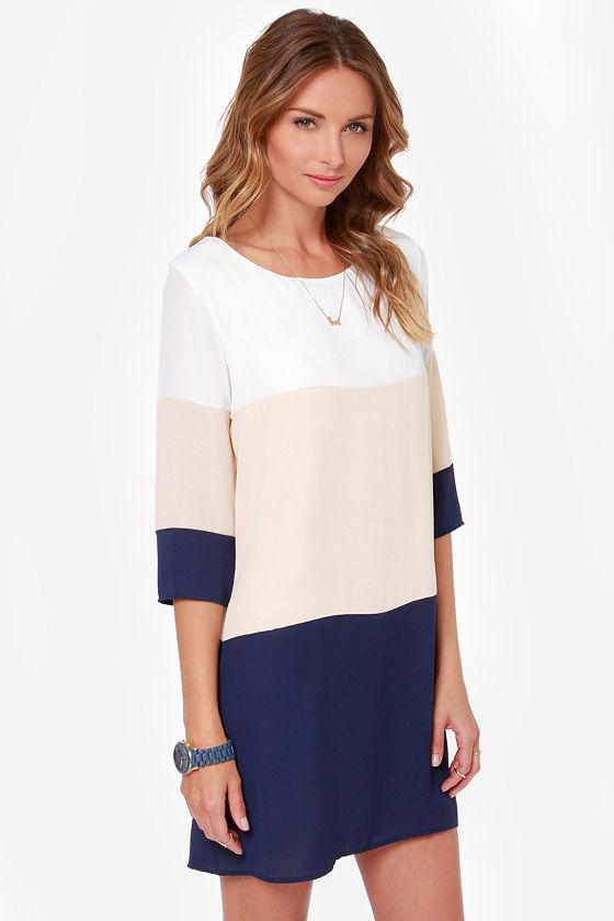 Shein White Apricot Navy Color Block Dress