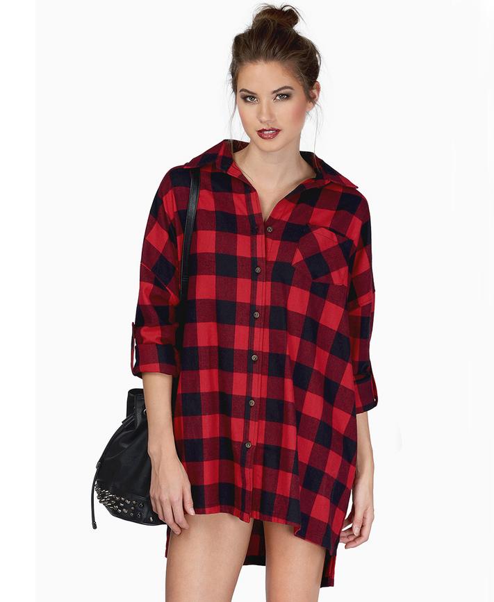 Shein Red Long Sleeve Plaid High Low Blouse