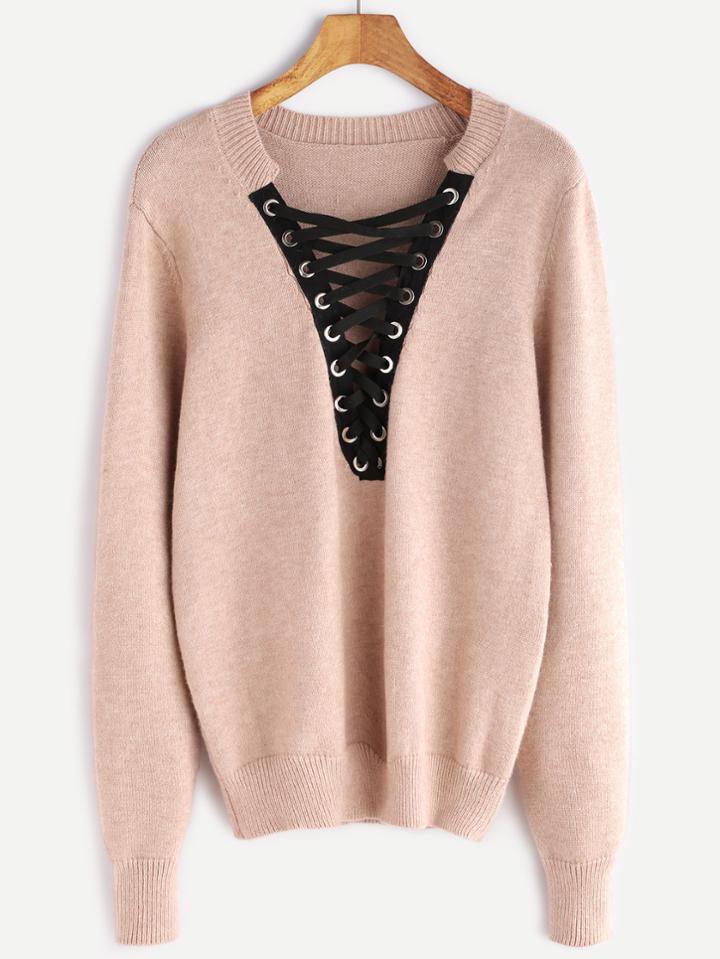 Shein Pink Eyelet Lace Up Plunge Neck Sweater