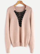 Shein Pink Eyelet Lace Up Plunge Neck Sweater