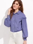 Shein Blue And White Striped Frill Trim Bishop Sleeve Blouse