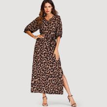 Shein V-neckline Split Hem Leopard Dress