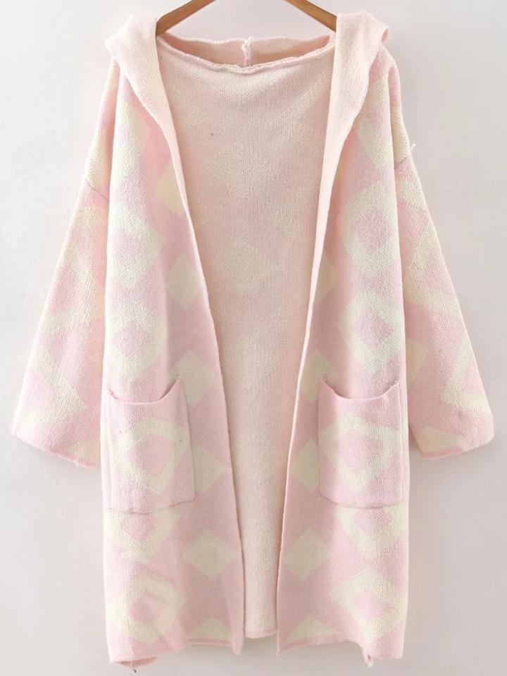 Shein Pink Diamond Pattern Hooded Cardigan With Pockets