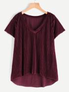 Shein V Neck High Low Striped Velvet Tee