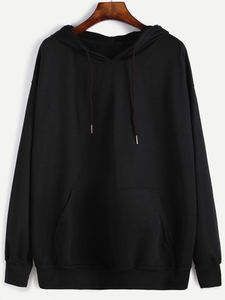 Shein Black Hooded Drawstring Sweatshirt
