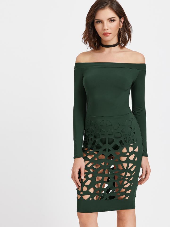 Shein Dark Green Off The Shoulder Laser Cut Out Dress