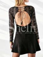 Shein Black Lace Up Cut Out Back Embellished Dress