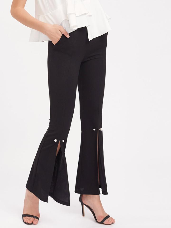 Shein Pearl Pin Embellished Split Front Flared Pants