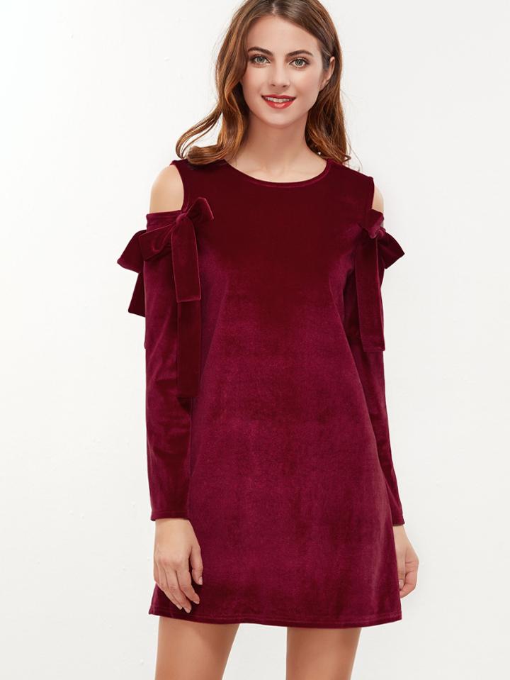 Shein Burgundy Bow Tie Open Shoulder Velvet Dress