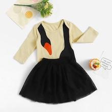 Shein Toddler Girls Swan Pattern Jumpsuit & Mesh Skirt