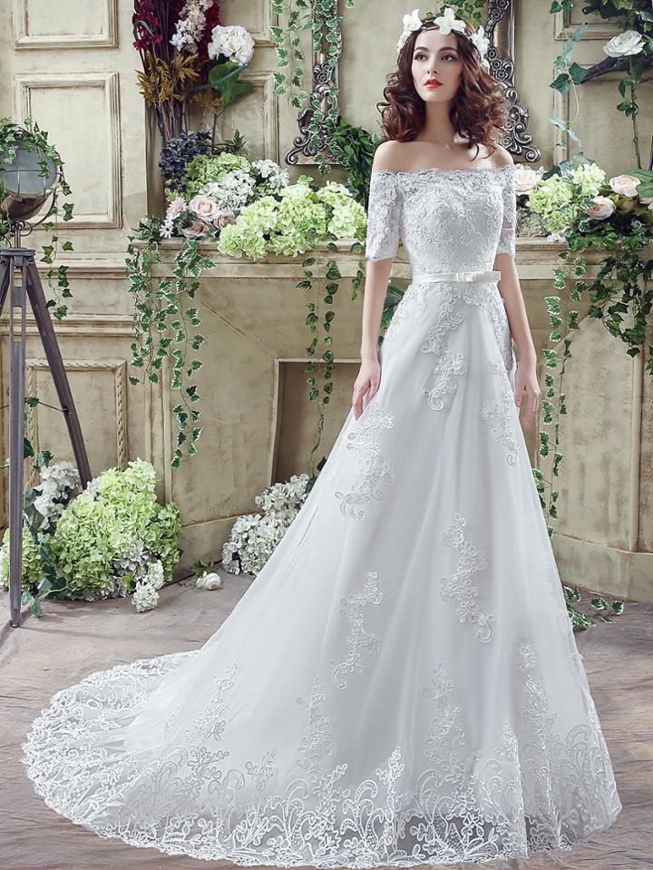 Shein White Embroidery Boat Neck Wedding Dresses With Belt