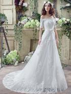 Shein White Embroidery Boat Neck Wedding Dresses With Belt