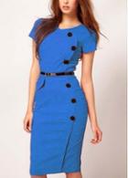 Rosewe New Arrival Button Decoration Short Sleeve Blue Sheath Dress