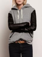 Shein Grey Hooded Contrast Pu Leather Zipper Sweatshirt