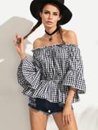 Shein Black White Checkerboard Ruffled Off The Shoulder Top