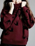 Shein Burgundy Round Neck Swallows Print Sweatshirt