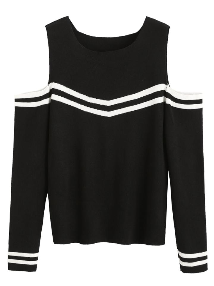 Shein Black Open Shoulder Striped Trim Sweater