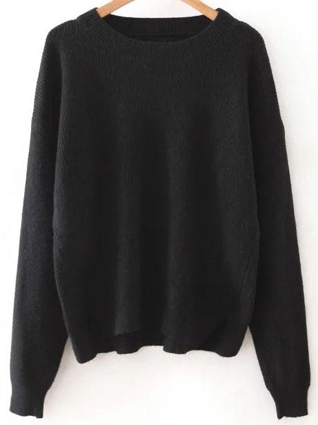 Shein Black Round Neck Ribbed Split Side Knitwear
