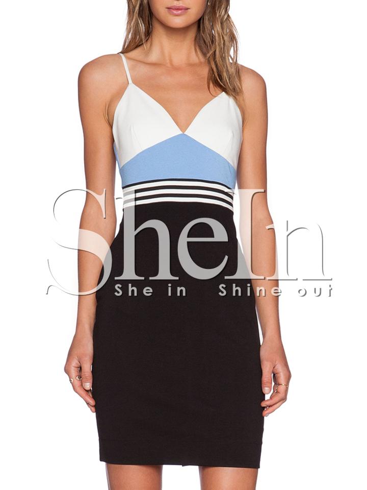 Shein Black Blue Spaghetti Strap Backless Color Block Dress