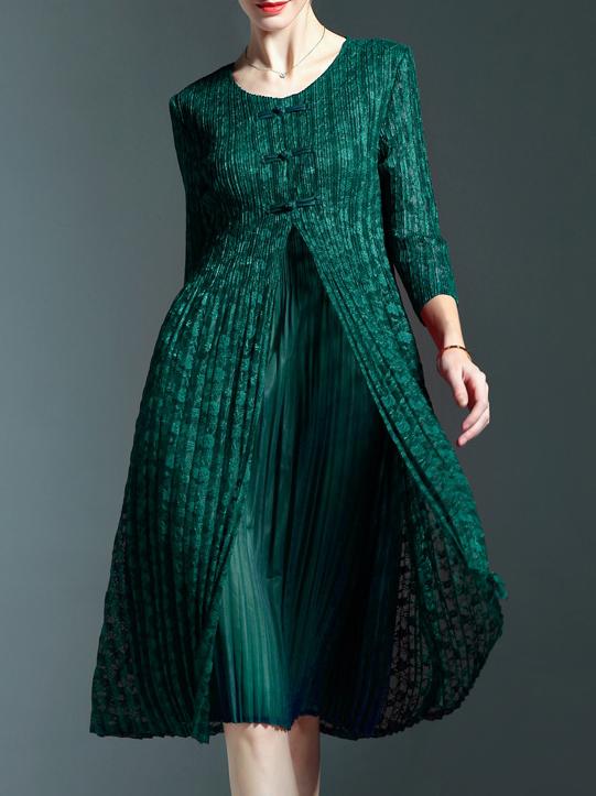 Shein Dark Green Crew Neck Floral Pleated Dress