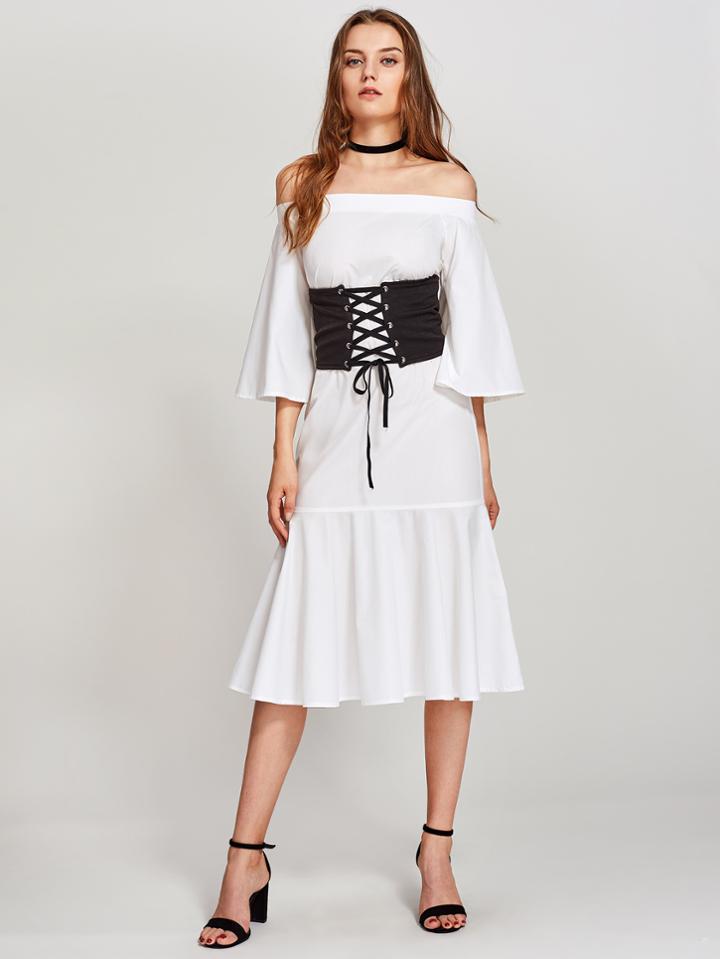 Shein Kimono Sleeve Tiered Bardot Dress With Corset Belt