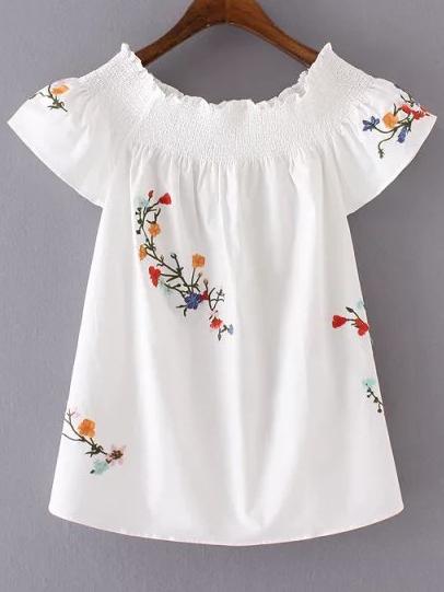 Shein Boat Neckline Flower Embroidered Blouse