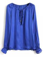 Shein Royal Blue Tie Neck Keyhole Front Long Sleeve Blouse