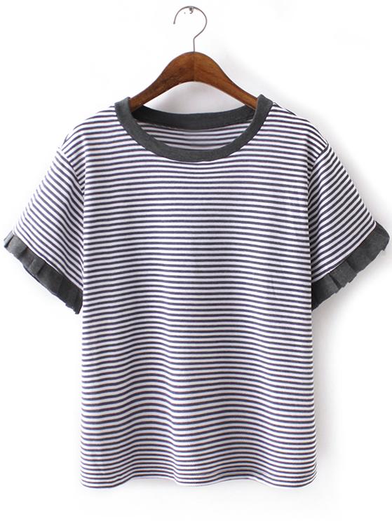 Shein Grey Ruffle Cuff Short Sleeve Stripe T-shirt