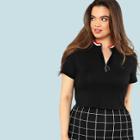 Shein Plus Contrast Tape Ring Zip Front Crop Tee