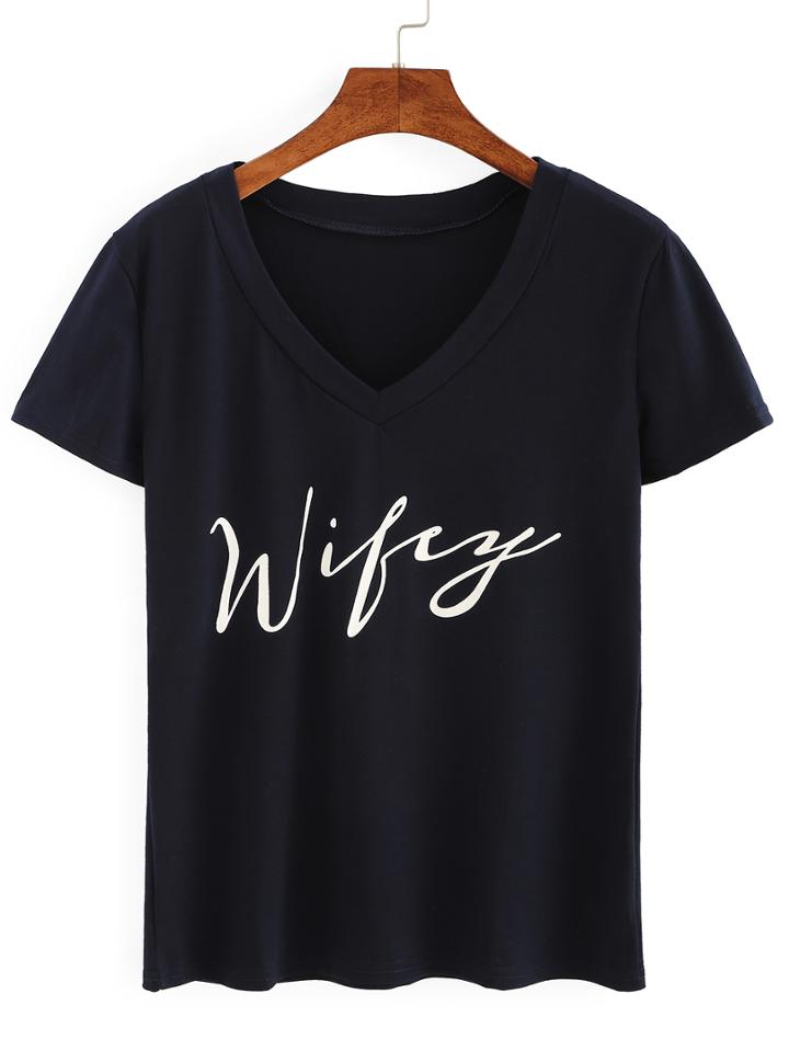 Shein V Neck Letter Print T-shirt