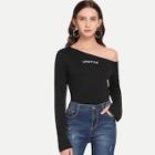 Shein Oblique Shoulder Letter Embroidered Tee