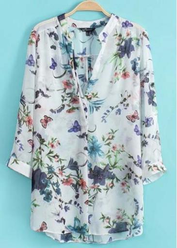 Rosewe European Style V Neck Three Quarter Sleeve Floral Blouses