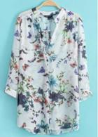 Rosewe European Style V Neck Three Quarter Sleeve Floral Blouses
