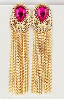 Shein Red Gemstone Gold Chain Tassel Earrings