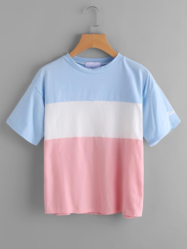 Shein Color Block Letter Print Sleeve Tee