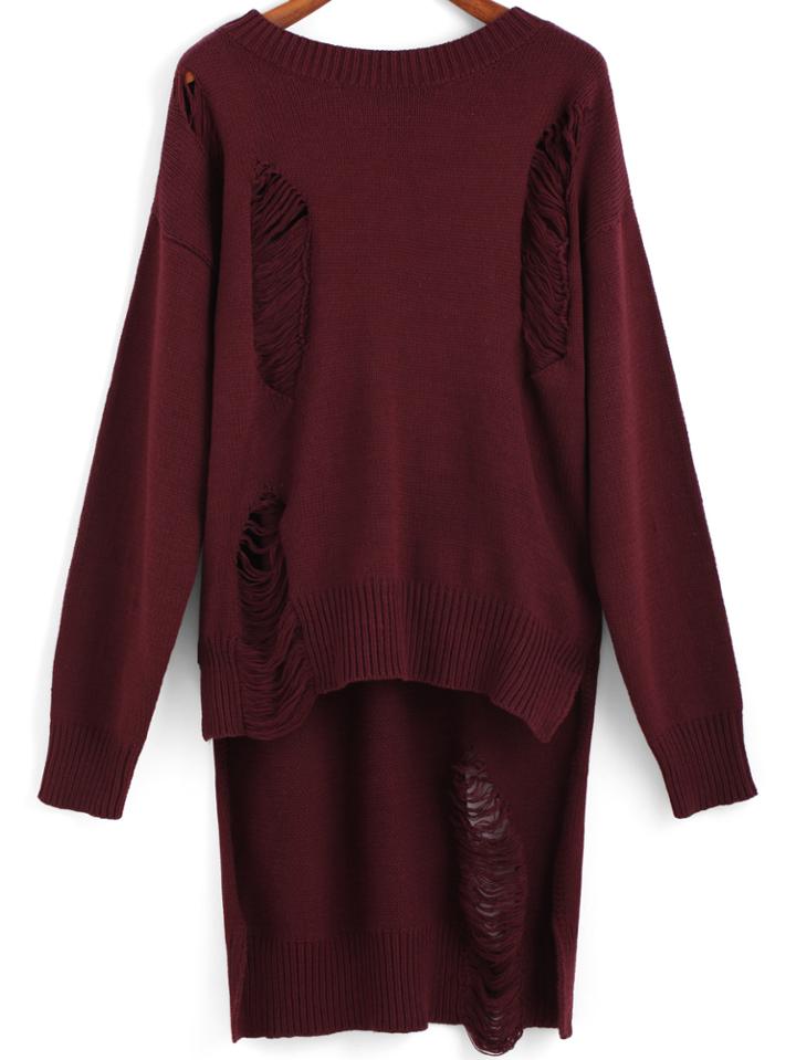 Shein Red Round Neck Ripped Dip Hem Sweater
