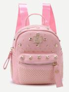 Shein Pink Pebbled Pu Studded Front Zipper Backpack