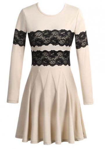 Rosewe Graceful Round Neck Long Sleeve Dress With Lace