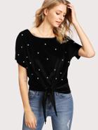 Shein Pearl Beading Knot Front Velvet T-shirt