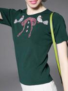 Shein Green Birds Embroidered Bowknot Beading Knit Sweatshirt