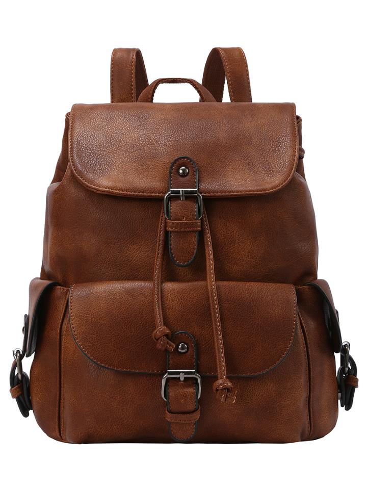 Shein Buckled Flap Drawstring Backpack - Brown