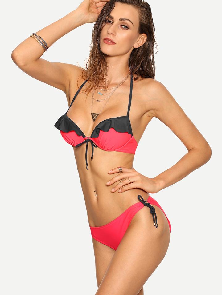 Shein Contrast Ruffle Pink Bikini Set