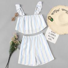 Shein Ruffle Trim Striped Crop Top With Shorts