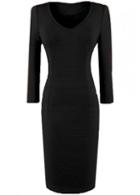 Rosewe Charming Round Neck Long Sleeve Solid Black Sheath Dress