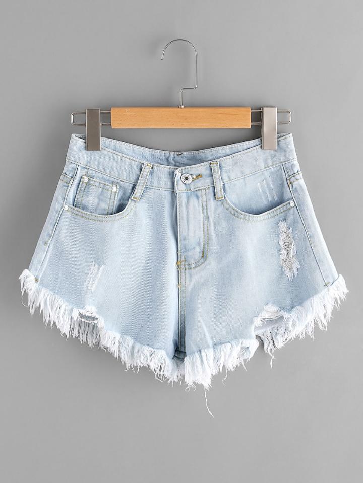 Shein Bleach Wash Ripped Frayed Hem Denim Shorts