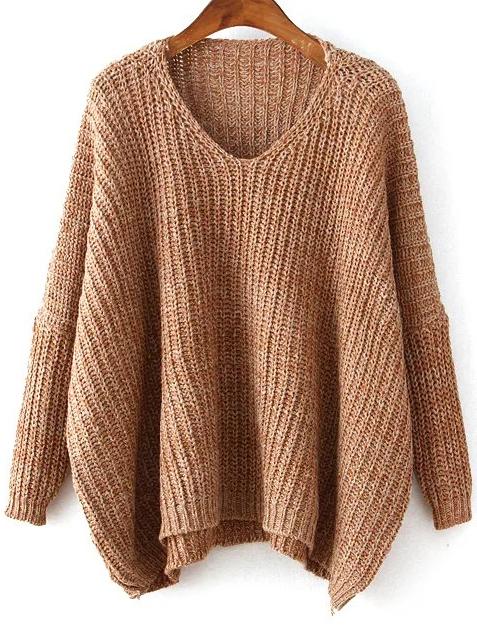 Shein Khaki V Neck Batwing Sleeve Dip Hem Oversized Sweater